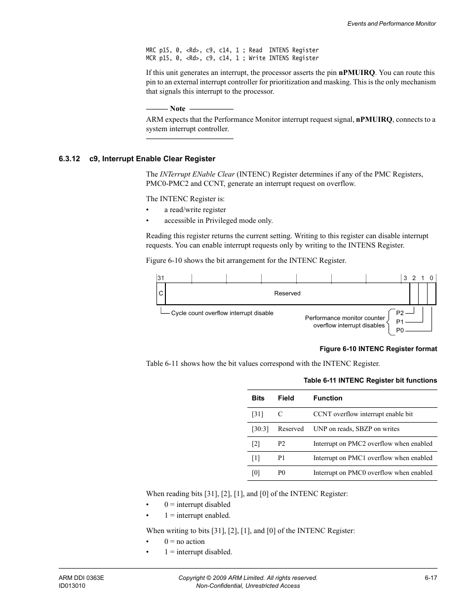 12 c9, interrupt enable clear register, Table 6-11, Intenc register bit functions -17 | Figure 6-10, Intenc register format -17 | ARM Cortex R4F User Manual | Page 181 / 456
