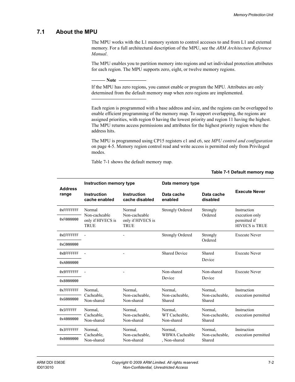 1 about the mpu, About the mpu -2, Table 7-1 | Default memory map -2 | ARM Cortex R4F User Manual | Page 185 / 456