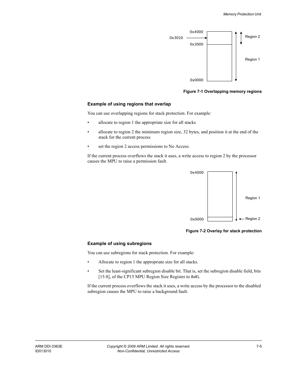 Figure 7-1, Overlapping memory regions -5, Figure 7-2 | Overlay for stack protection -5 | ARM Cortex R4F User Manual | Page 188 / 456