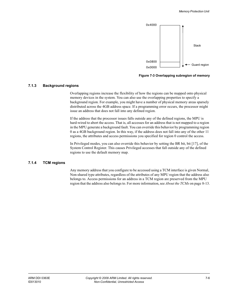 3 background regions, 4 tcm regions, Figure 7-3 | Overlapping subregion of memory -6 | ARM Cortex R4F User Manual | Page 189 / 456