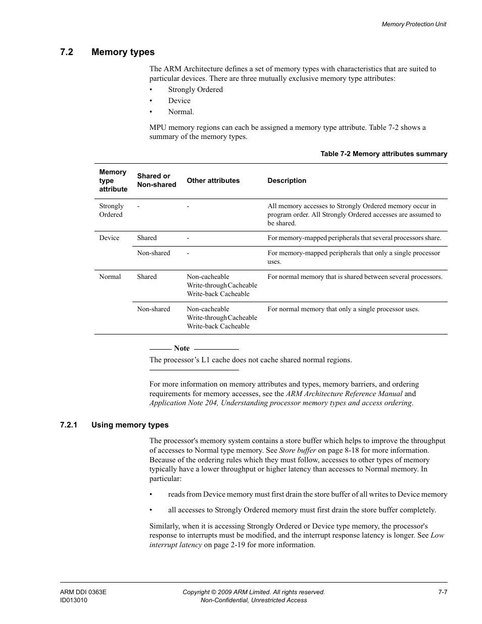 2 memory types, 1 using memory types, Memory types -7 | Table 7-2, Memory attributes summary -7 | ARM Cortex R4F User Manual | Page 190 / 456