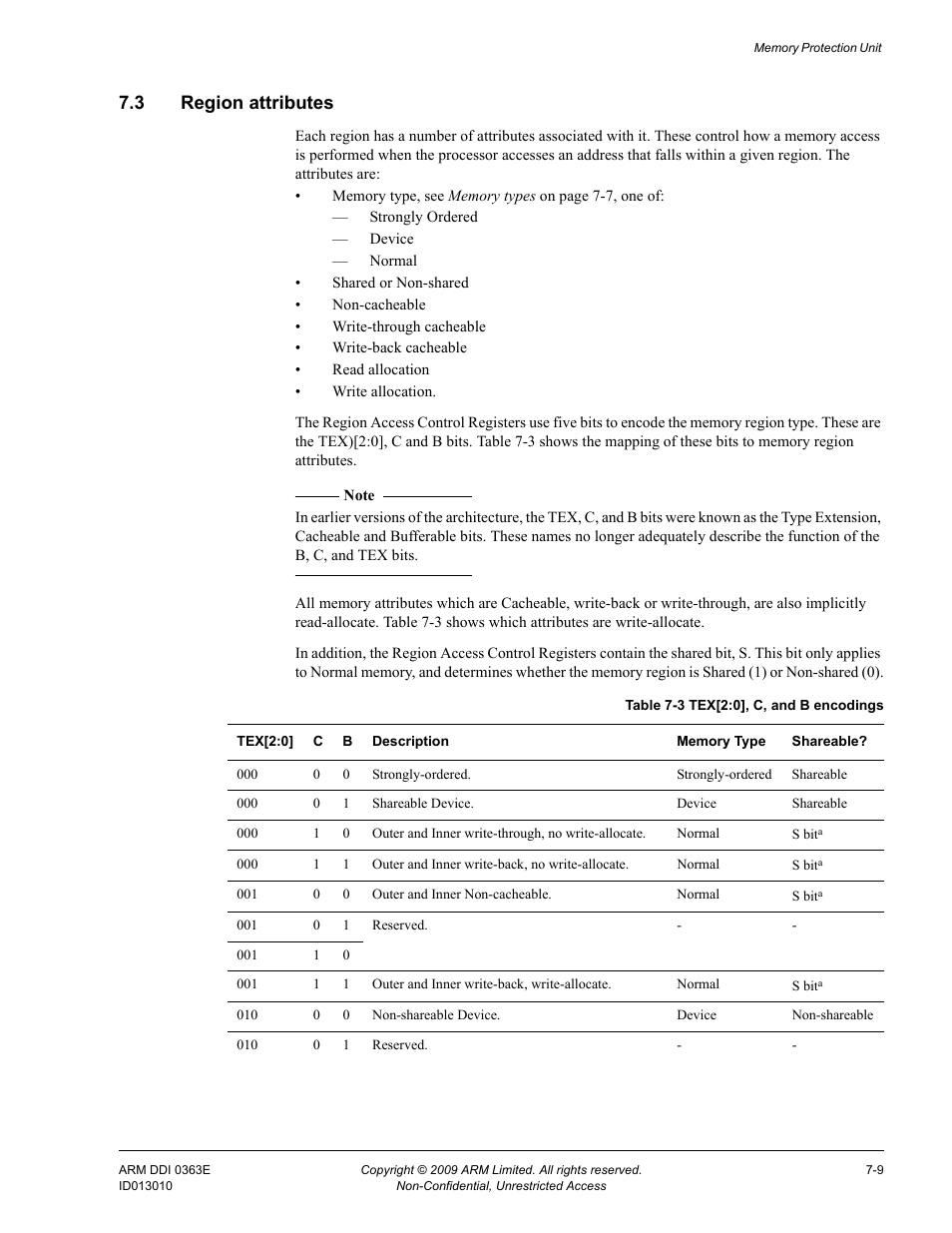 3 region attributes, Region attributes -9, Table 7-3 | Tex[2:0], c, and b encodings -9 | ARM Cortex R4F User Manual | Page 192 / 456