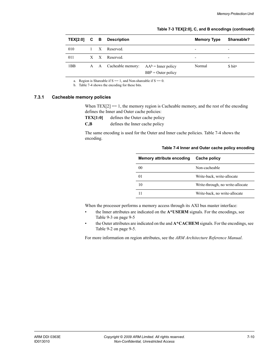 1 cacheable memory policies, Table 7-4, Inner and outer cache policy encoding -10 | ARM Cortex R4F User Manual | Page 193 / 456