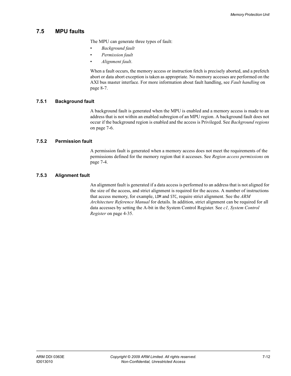 5 mpu faults, 1 background fault, 2 permission fault | 3 alignment fault, Mpu faults -12 | ARM Cortex R4F User Manual | Page 195 / 456