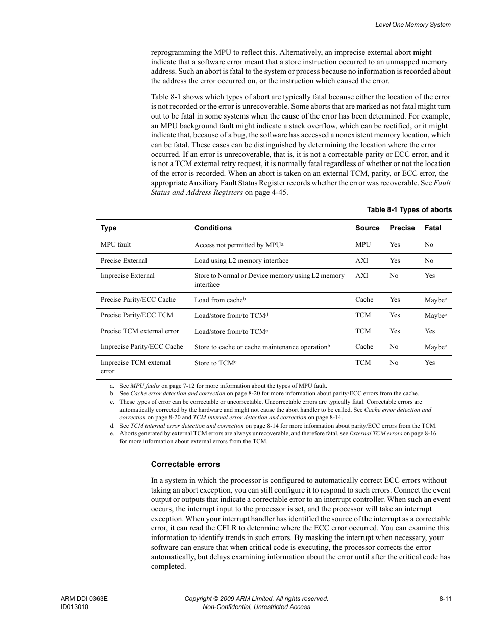 Table 8-1, Types of aborts -11 | ARM Cortex R4F User Manual | Page 207 / 456