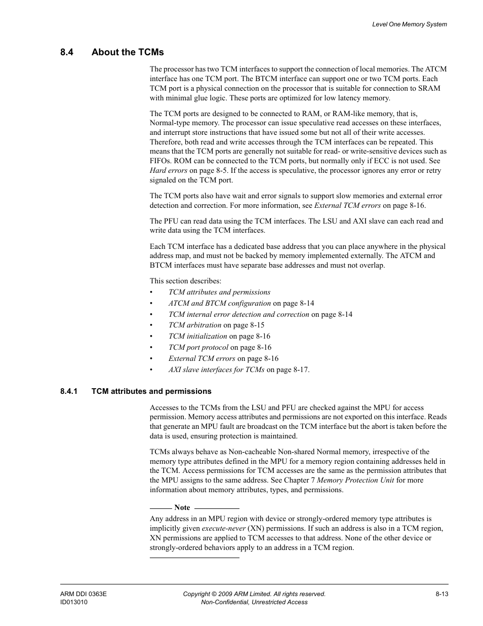 4 about the tcms, 1 tcm attributes and permissions, About the tcms -13 | ARM Cortex R4F User Manual | Page 209 / 456