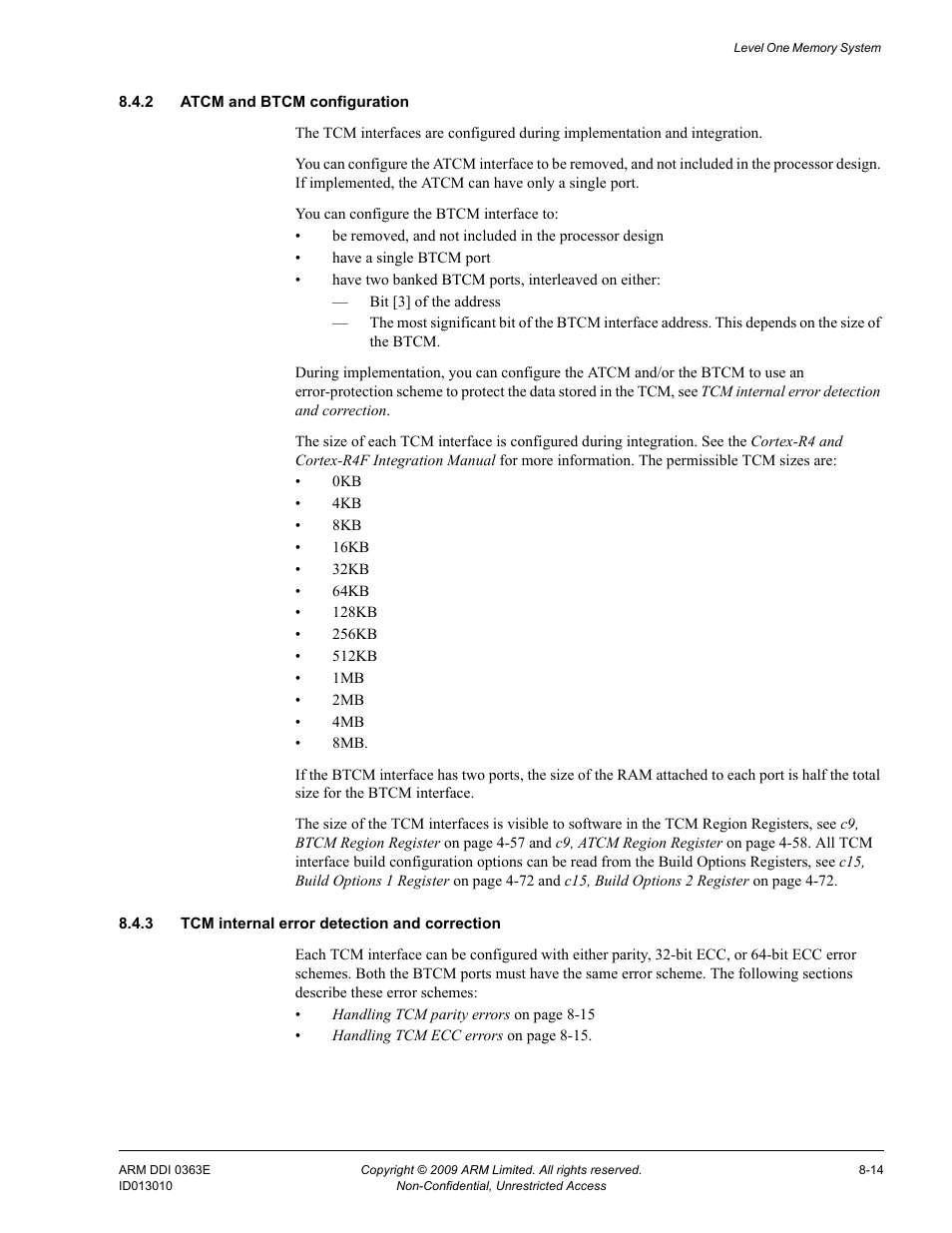 2 atcm and btcm configuration, 3 tcm internal error detection and correction | ARM Cortex R4F User Manual | Page 210 / 456