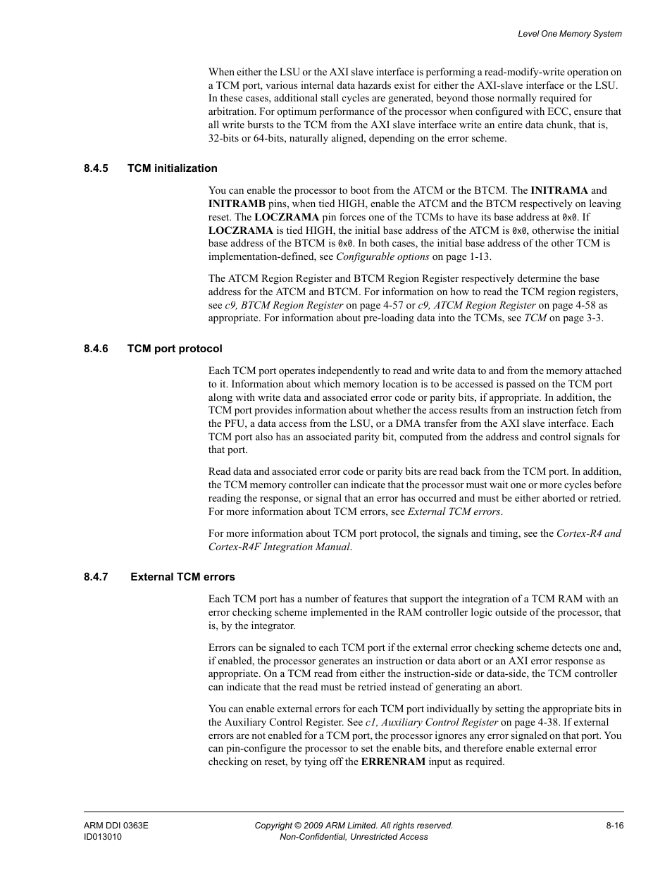 5 tcm initialization, 6 tcm port protocol, 7 external tcm errors | ARM Cortex R4F User Manual | Page 212 / 456