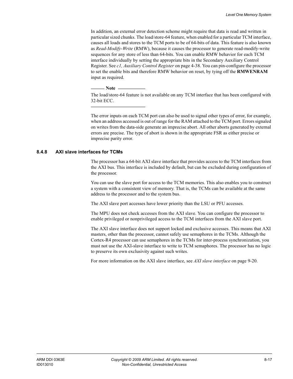 8 axi slave interfaces for tcms | ARM Cortex R4F User Manual | Page 213 / 456