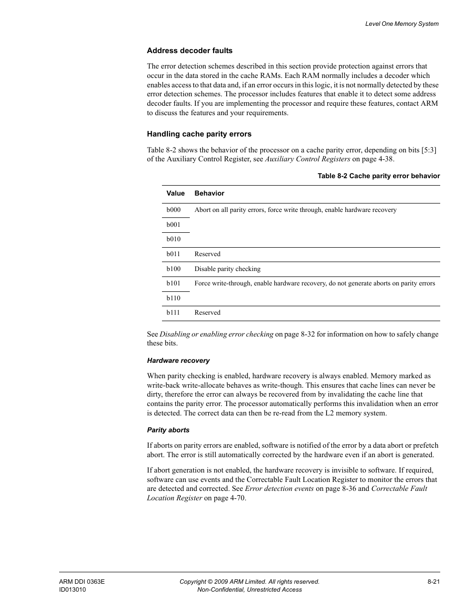 Table 8-2, Cache parity error behavior -21 | ARM Cortex R4F User Manual | Page 217 / 456