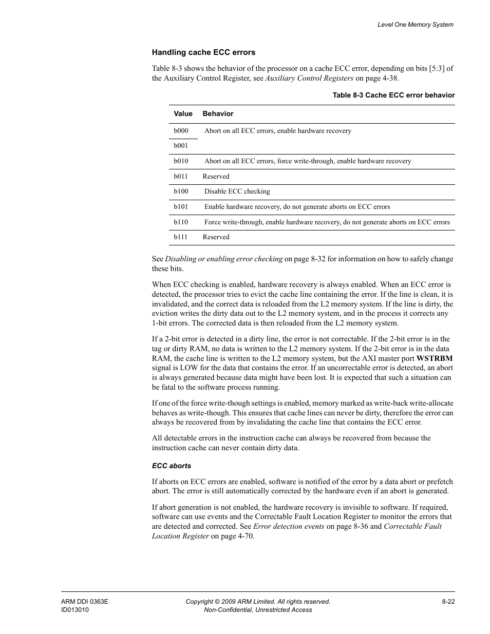 Table 8-3, Cache ecc error behavior -22 | ARM Cortex R4F User Manual | Page 218 / 456
