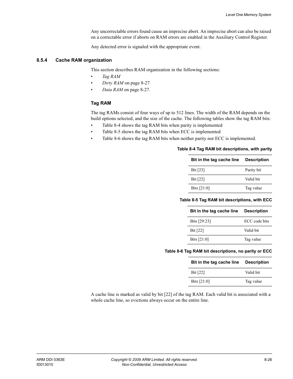 4 cache ram organization, Table 8-4, Tag ram bit descriptions, with parity -26 | Table 8-5, Tag ram bit descriptions, with ecc -26, Table 8-6, Tag ram bit descriptions, no parity or ecc -26 | ARM Cortex R4F User Manual | Page 222 / 456