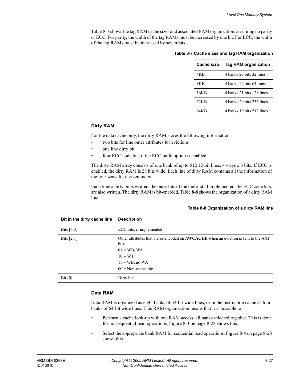 Table 8-7, Cache sizes and tag ram organization -27, Table 8-8 | Organization of a dirty ram line -27 | ARM Cortex R4F User Manual | Page 223 / 456