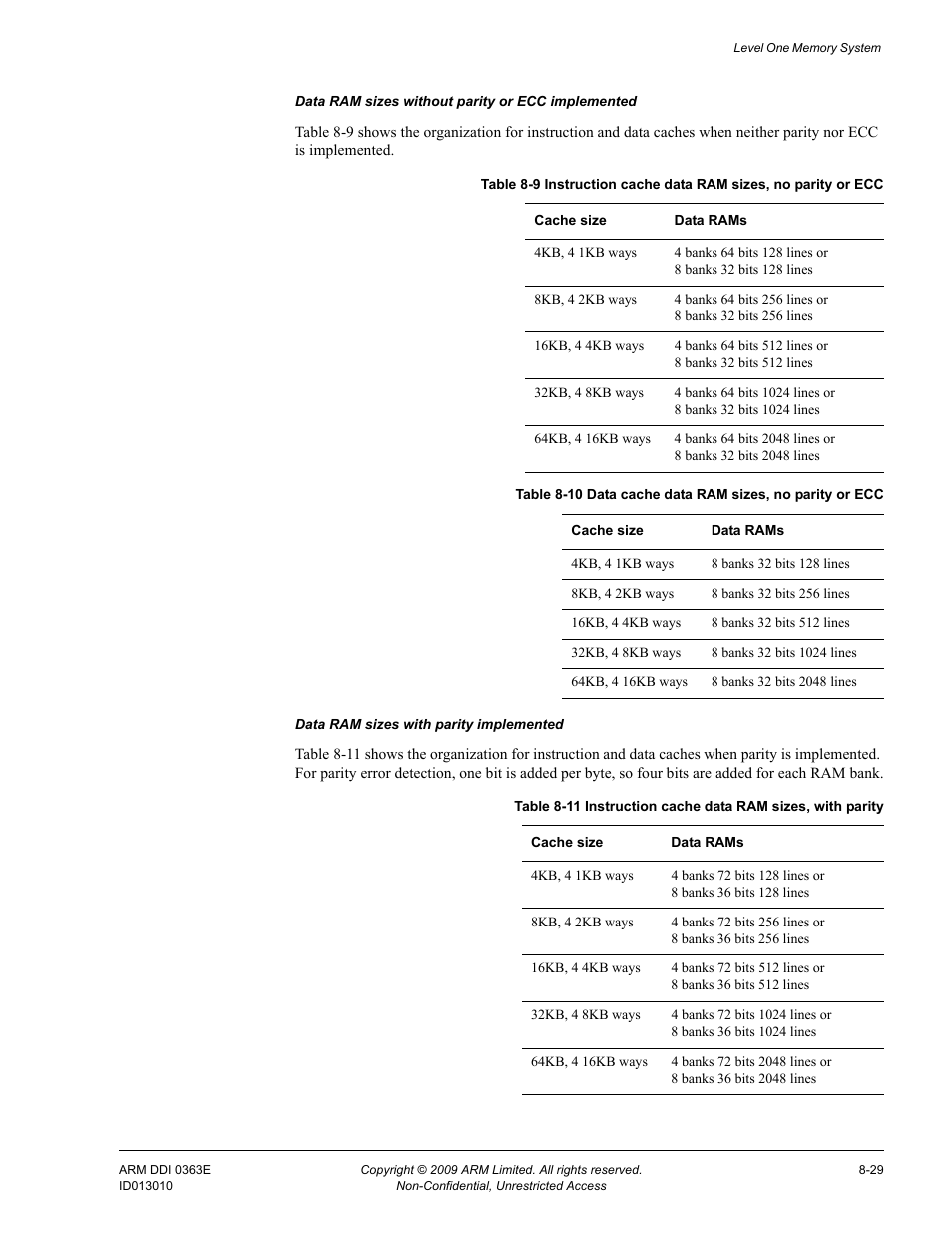 Table 8-9, Table 8-10, Data cache data ram sizes, no parity or ecc -29 | Table 8-11, Instruction cache data ram sizes, with parity -29 | ARM Cortex R4F User Manual | Page 225 / 456