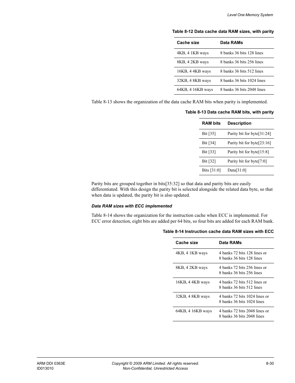 Table 8-13, Data cache ram bits, with parity -30, Table 8-14 | Instruction cache data ram sizes with ecc -30, Table 8-12, Data cache data ram sizes, with parity -30 | ARM Cortex R4F User Manual | Page 226 / 456