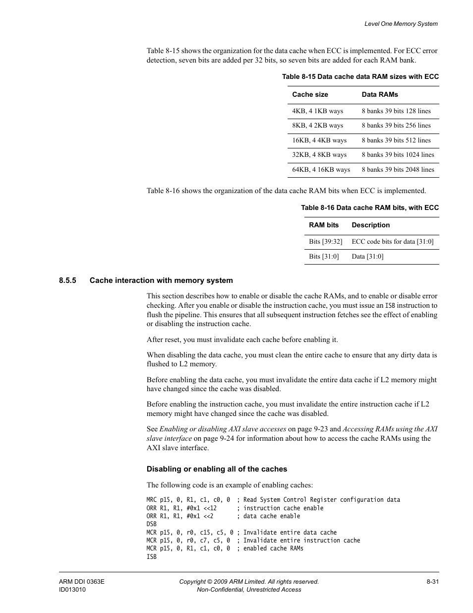 5 cache interaction with memory system, Table 8-15, Data cache data ram sizes with ecc -31 | Table 8-16, Data cache ram bits, with ecc -31 | ARM Cortex R4F User Manual | Page 227 / 456