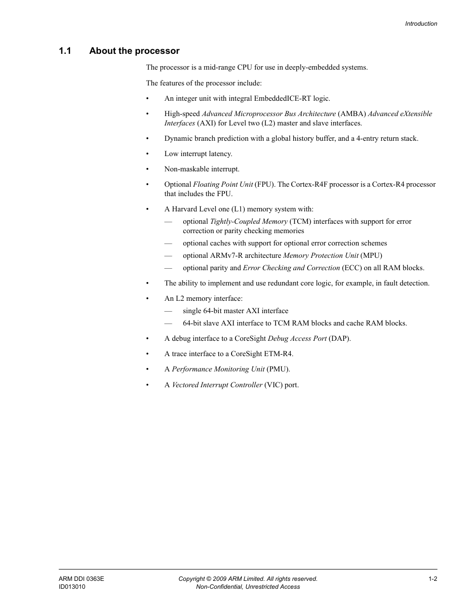 1 about the processor, About the processor -2 | ARM Cortex R4F User Manual | Page 23 / 456