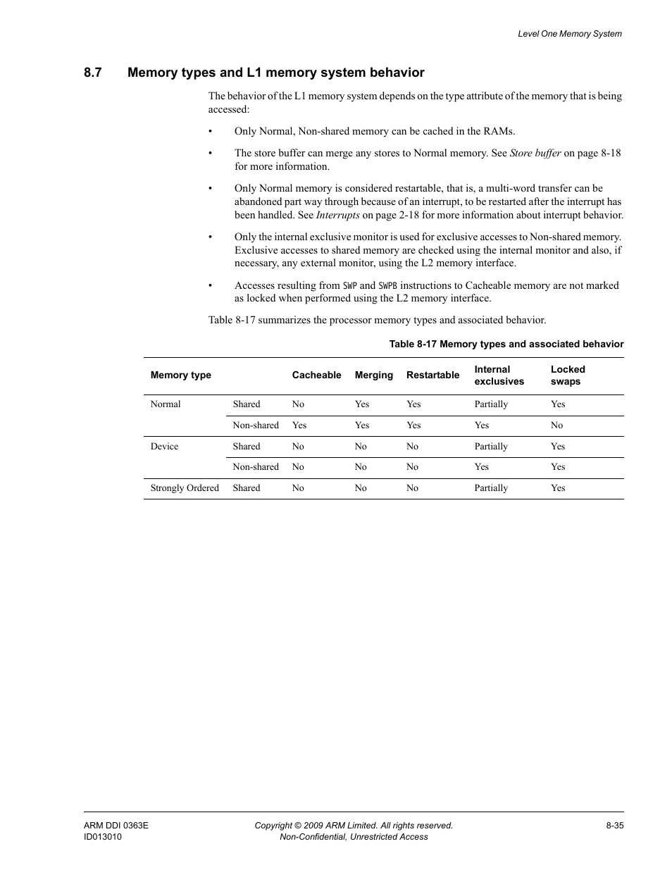 7 memory types and l1 memory system behavior, Memory types and l1 memory system behavior -35, Table 8-17 | Memory types and associated behavior -35 | ARM Cortex R4F User Manual | Page 231 / 456