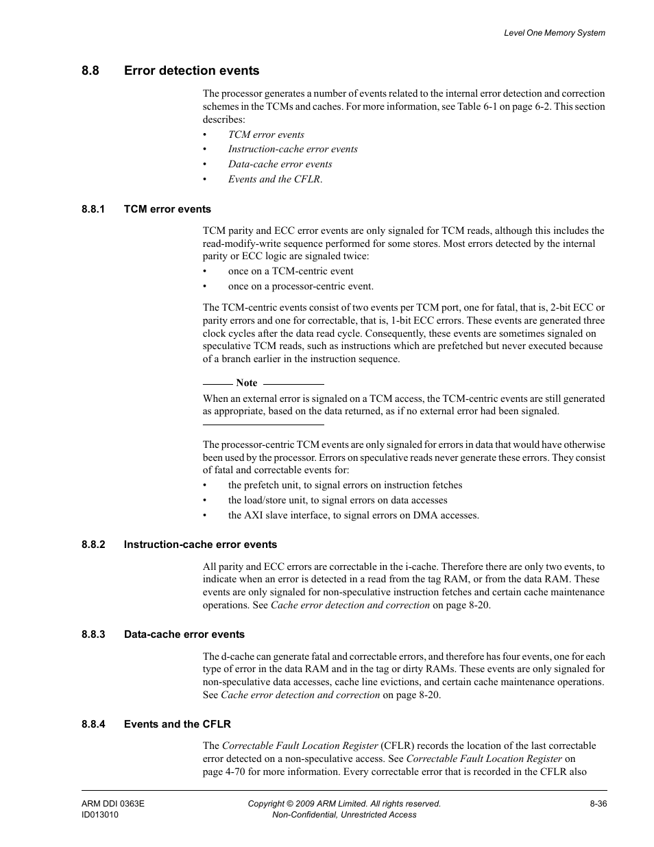 8 error detection events, 1 tcm error events, 2 instruction-cache error events | 3 data-cache error events, 4 events and the cflr, Error detection events -36 | ARM Cortex R4F User Manual | Page 232 / 456
