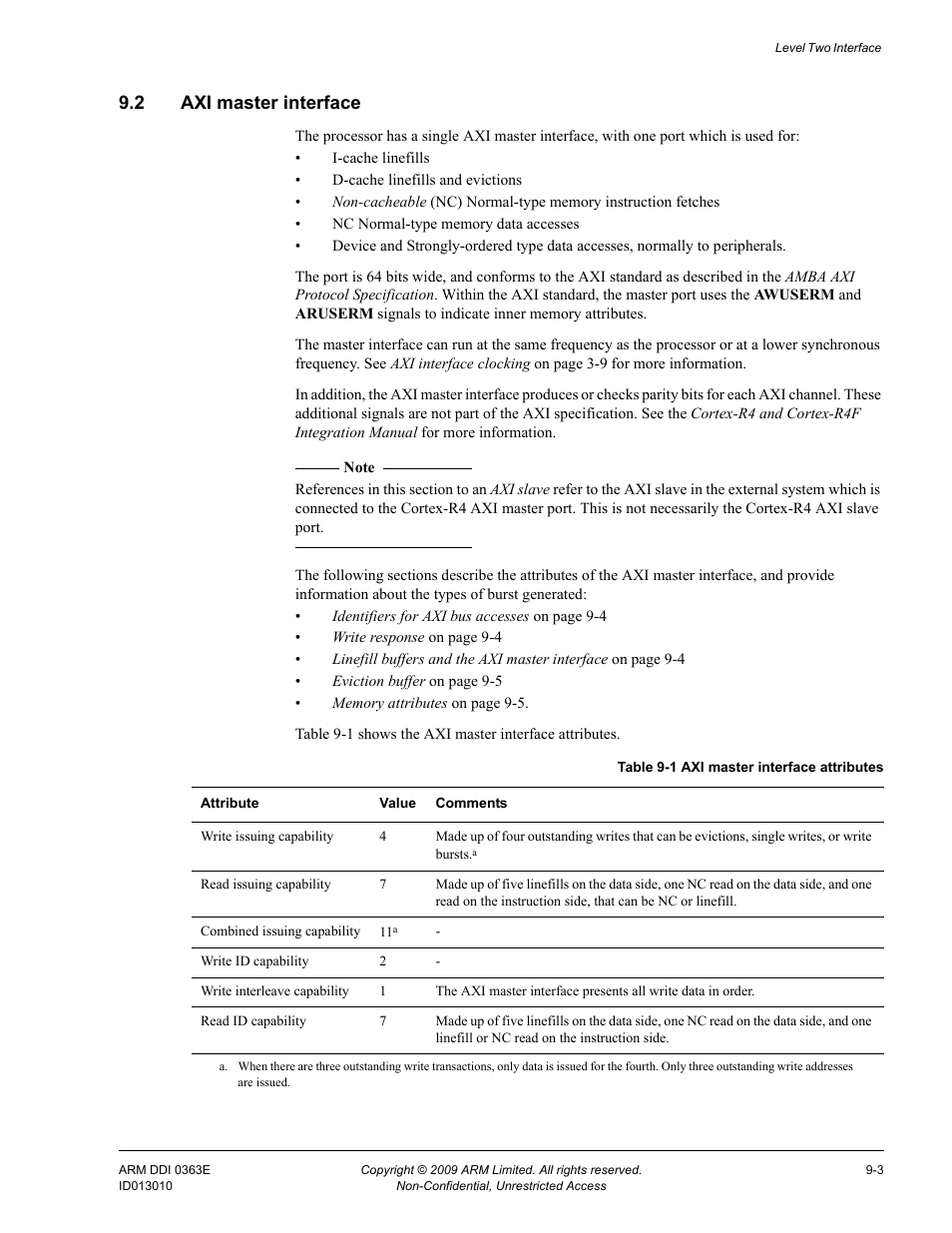 2 axi master interface, Axi master interface -3, Table 9-1 | Axi master interface attributes -3 | ARM Cortex R4F User Manual | Page 236 / 456