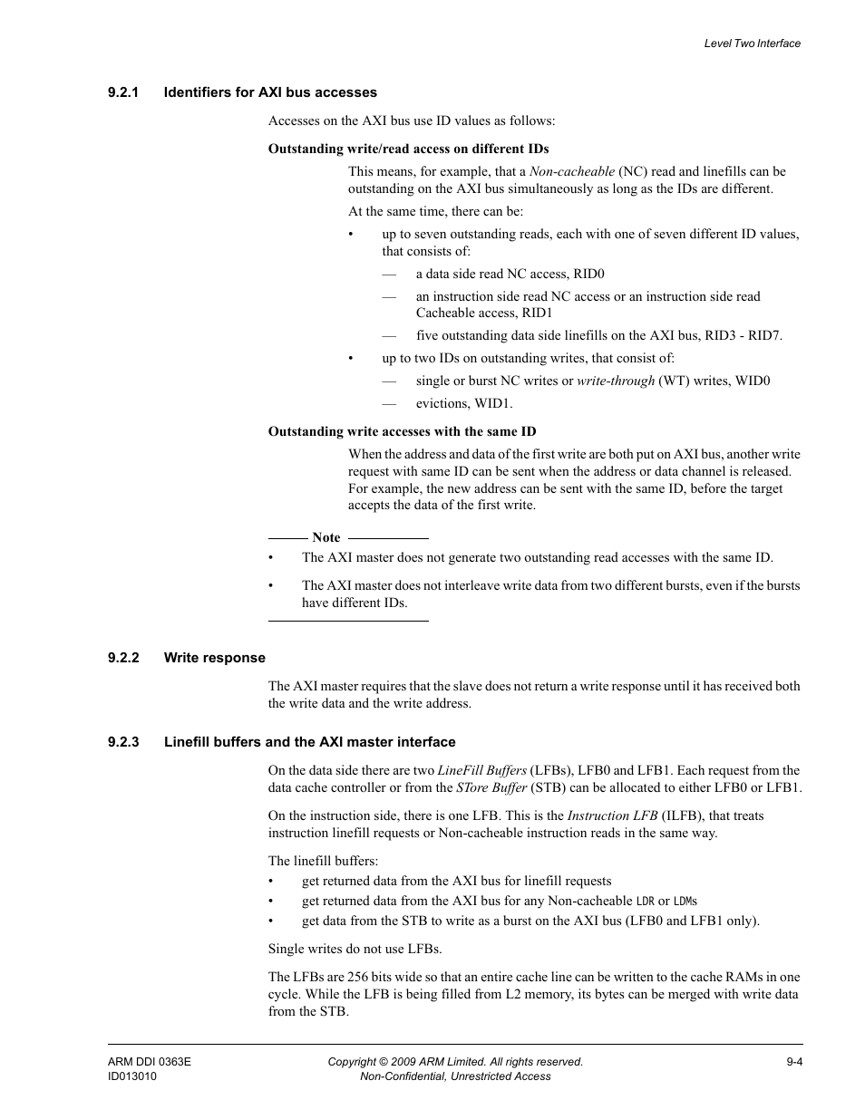 1 identifiers for axi bus accesses, 2 write response, 3 linefill buffers and the axi master interface | ARM Cortex R4F User Manual | Page 237 / 456