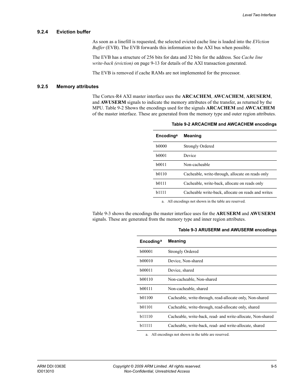 4 eviction buffer, 5 memory attributes, Table 9-2 | Arcachem and awcachem encodings -5, Table 9-3, Aruserm and awuserm encodings -5 | ARM Cortex R4F User Manual | Page 238 / 456