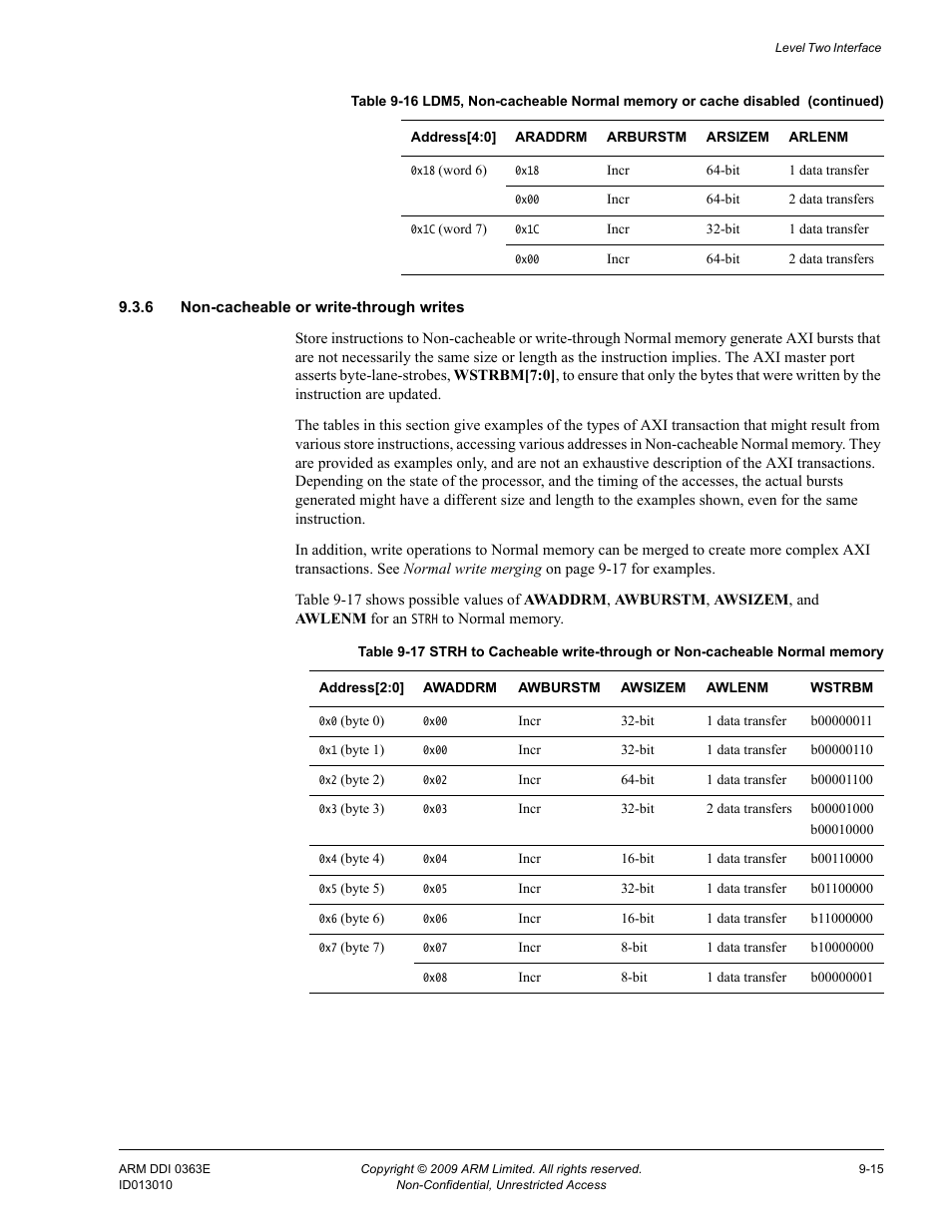 6 non-cacheable or write-through writes, Table 9-17 | ARM Cortex R4F User Manual | Page 248 / 456