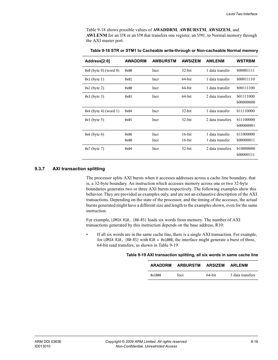 7 axi transaction splitting, Table 9-18, Table 9-19 | ARM Cortex R4F User Manual | Page 249 / 456
