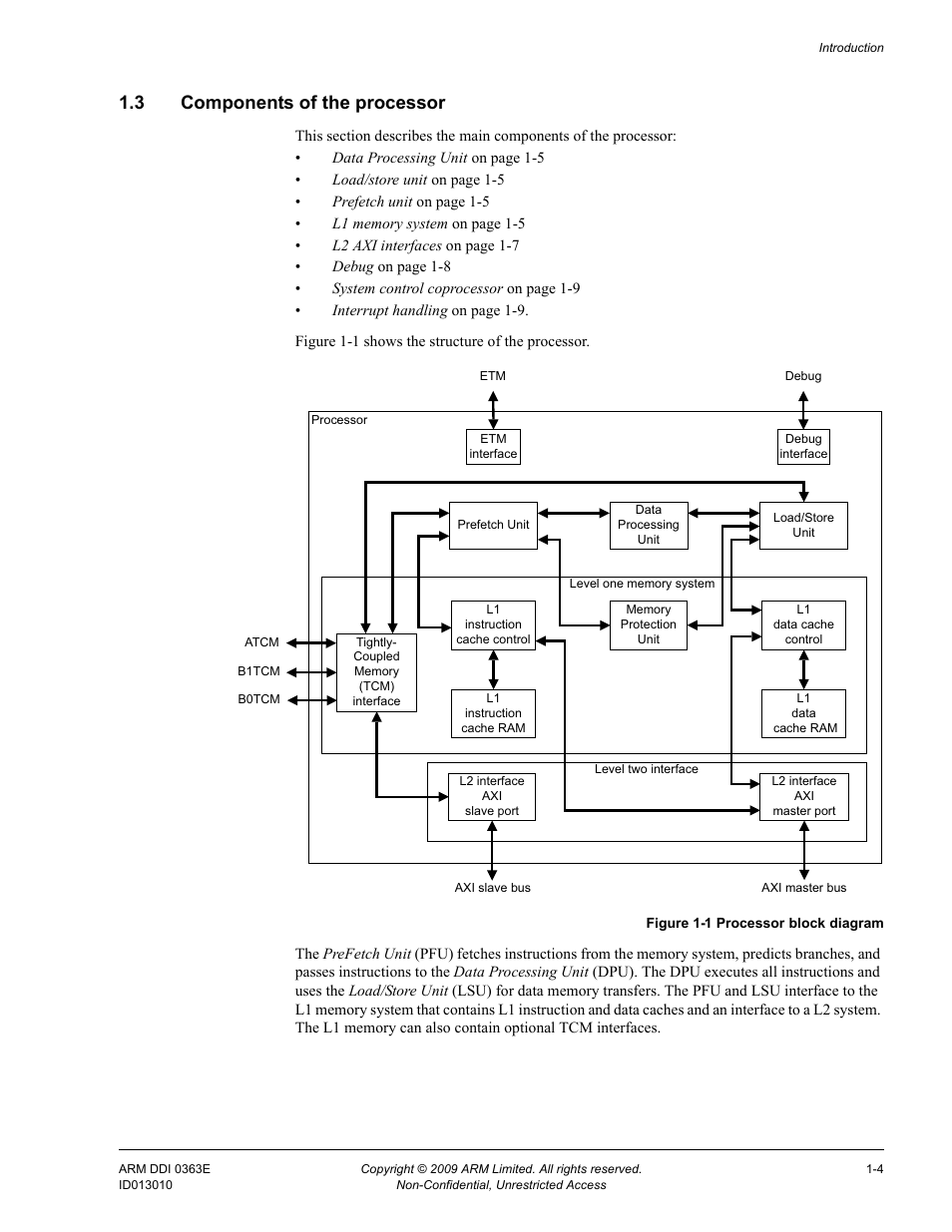 3 components of the processor, Components of the processor -4, Figure 1-1 | Processor block diagram -4 | ARM Cortex R4F User Manual | Page 25 / 456