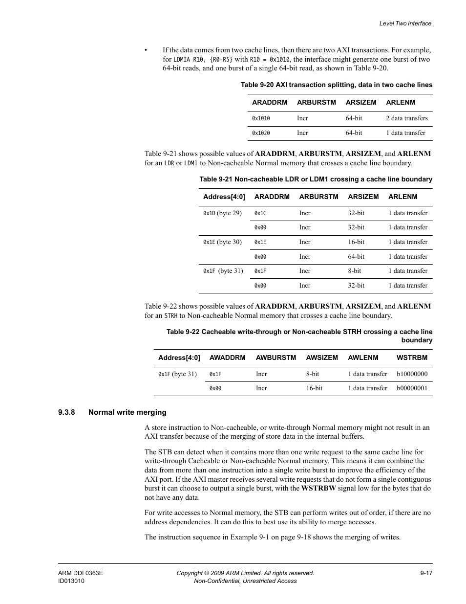 8 normal write merging, Table 9-20, Table 9-21 | Table 9-22 | ARM Cortex R4F User Manual | Page 250 / 456