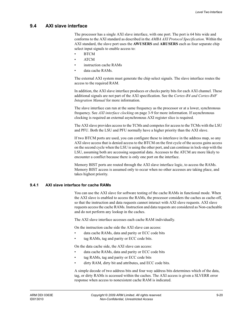 4 axi slave interface, 1 axi slave interface for cache rams, Axi slave interface -20 | ARM Cortex R4F User Manual | Page 253 / 456