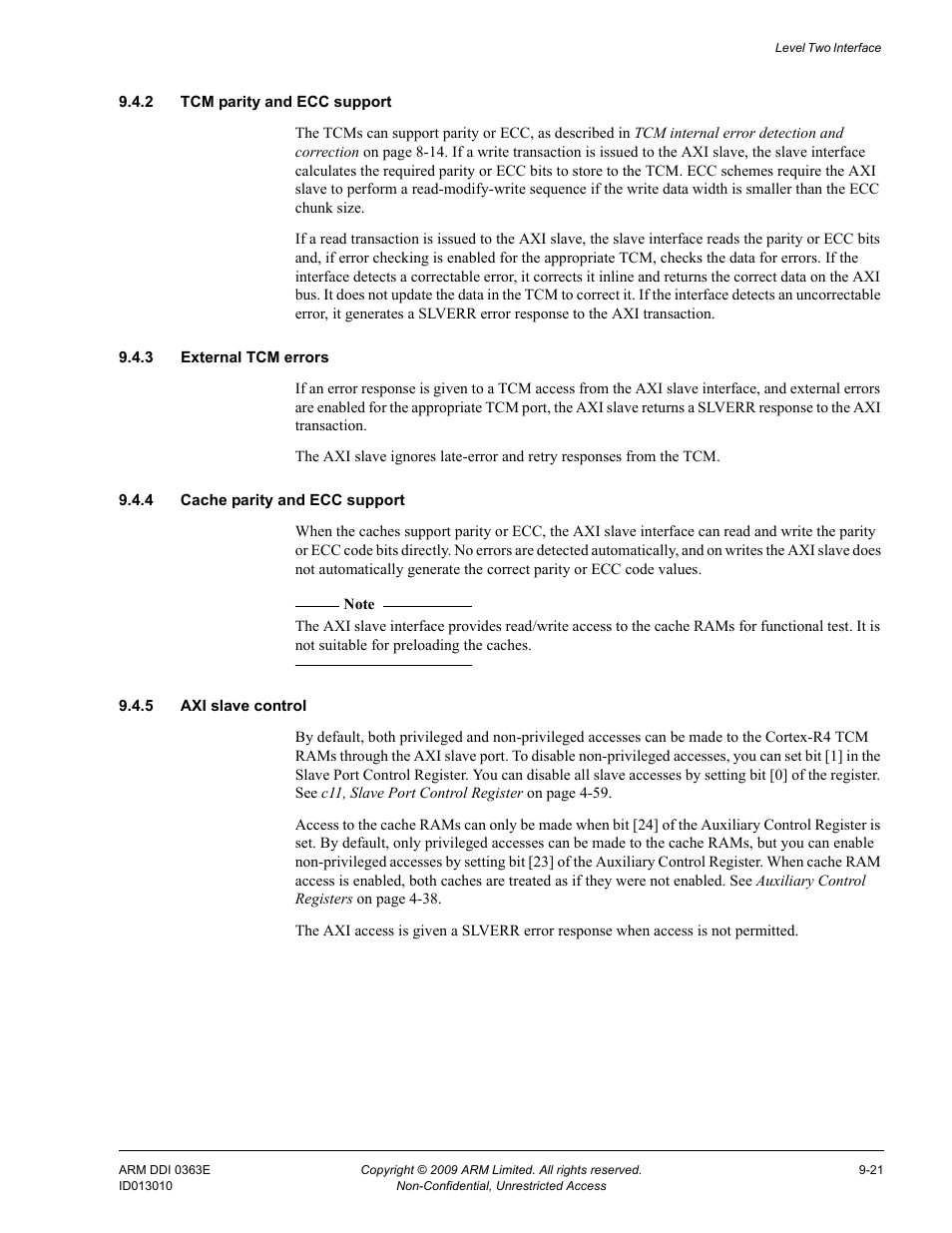 2 tcm parity and ecc support, 3 external tcm errors, 4 cache parity and ecc support | 5 axi slave control | ARM Cortex R4F User Manual | Page 254 / 456