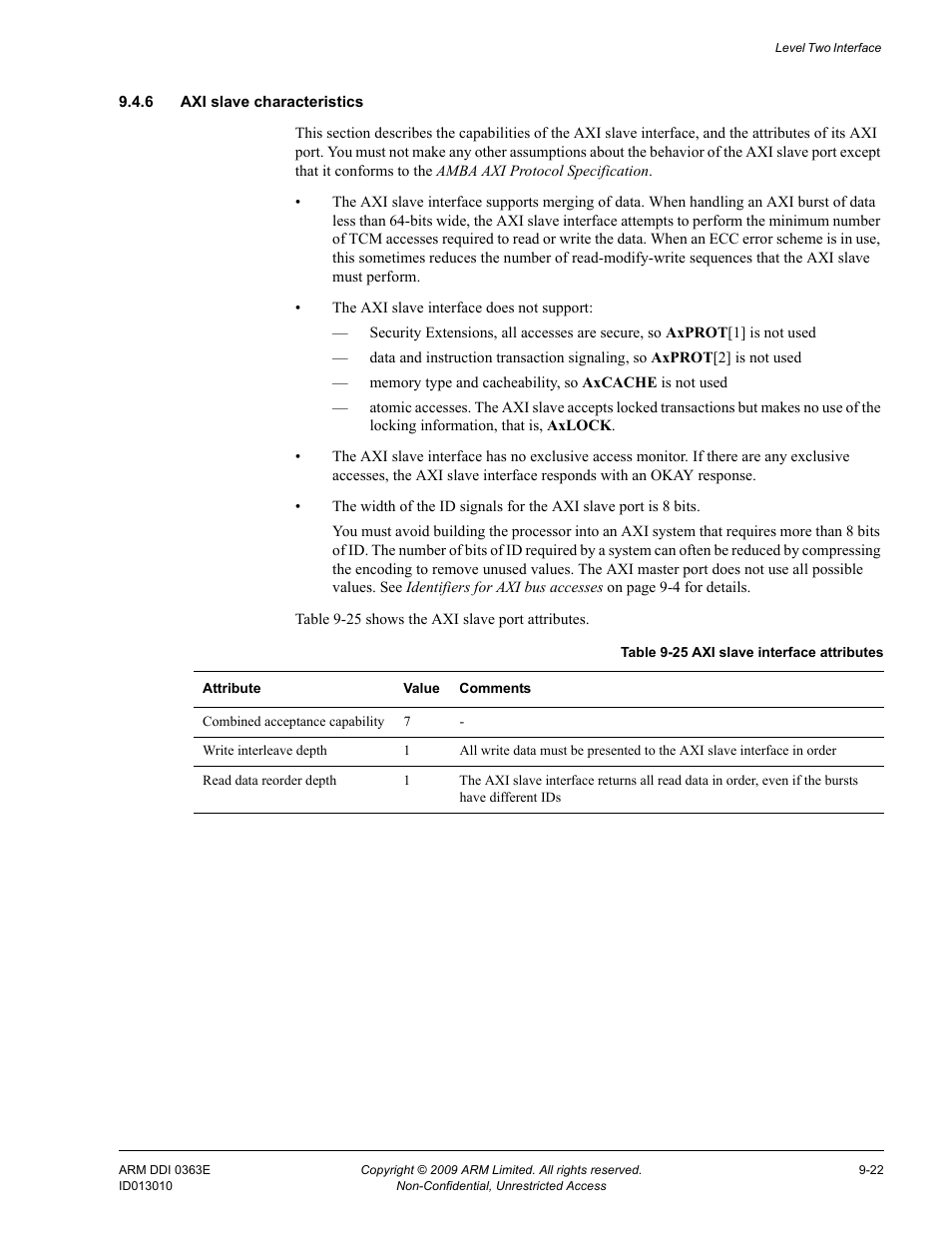 6 axi slave characteristics, Table 9-25, Axi slave interface attributes -22 | ARM Cortex R4F User Manual | Page 255 / 456