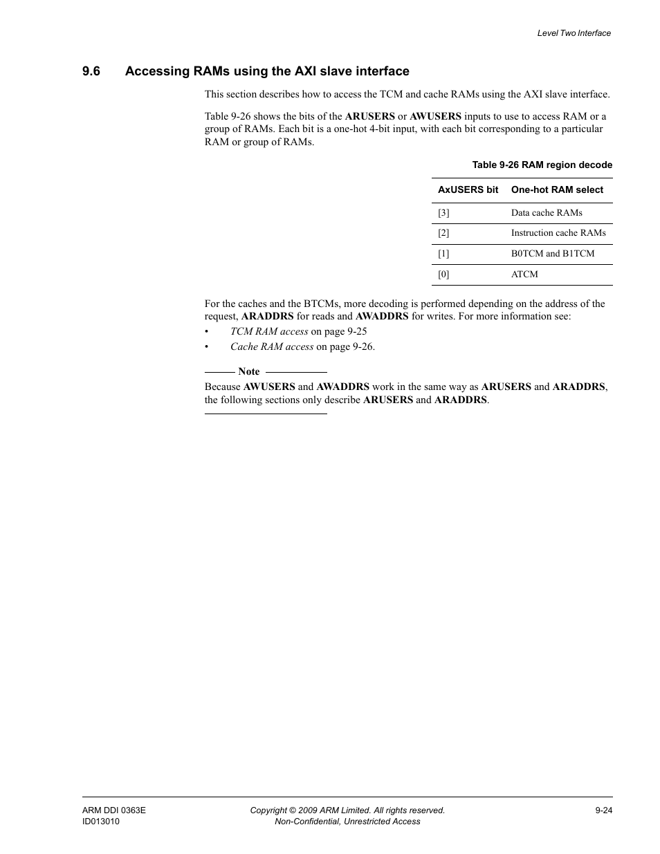6 accessing rams using the axi slave interface, Accessing rams using the axi slave interface -24, Table 9-26 | Ram region decode -24 | ARM Cortex R4F User Manual | Page 257 / 456