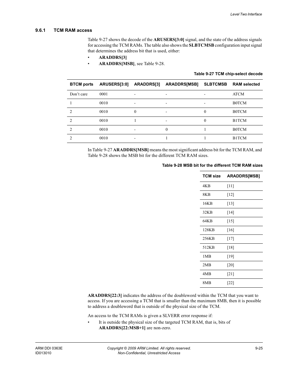 1 tcm ram access, Table 9-27, Tcm chip-select decode -25 | Table 9-28, Msb bit for the different tcm ram sizes -25 | ARM Cortex R4F User Manual | Page 258 / 456