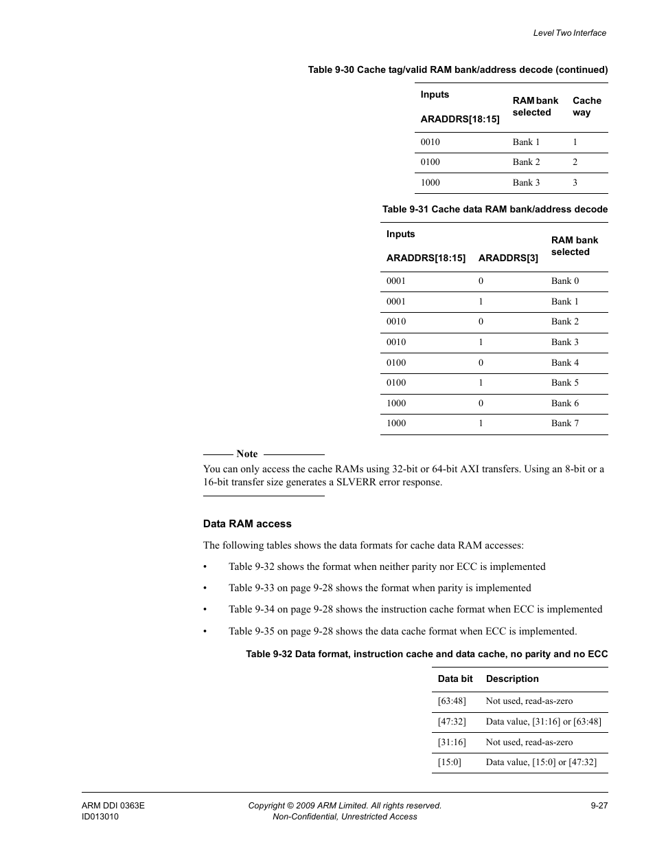 Table 9-32, Table 9-31, Cache data ram bank/address decode -27 | ARM Cortex R4F User Manual | Page 260 / 456