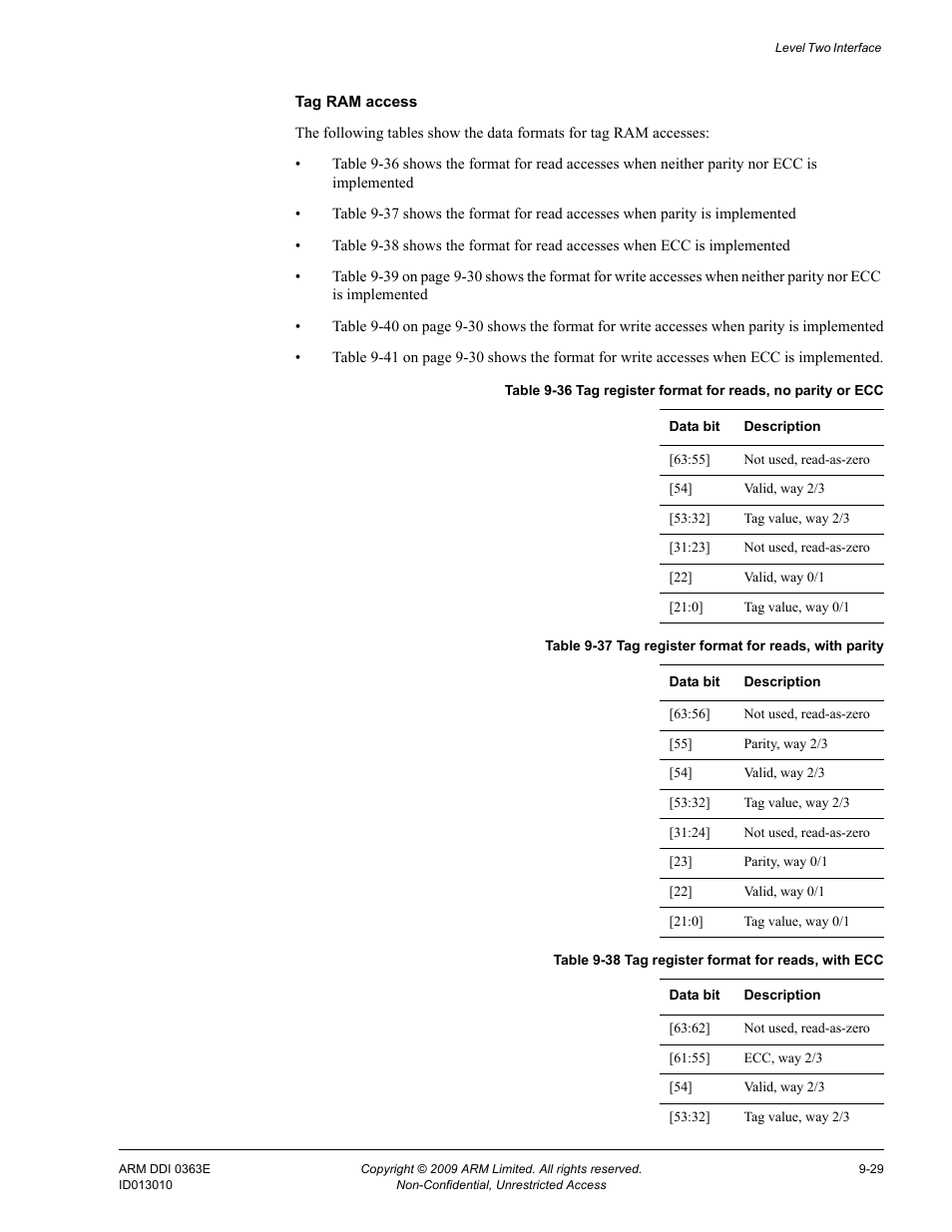 Table 9-36, Table 9-37, Tag register format for reads, with parity -29 | Table 9-38, Tag register format for reads, with ecc -29 | ARM Cortex R4F User Manual | Page 262 / 456