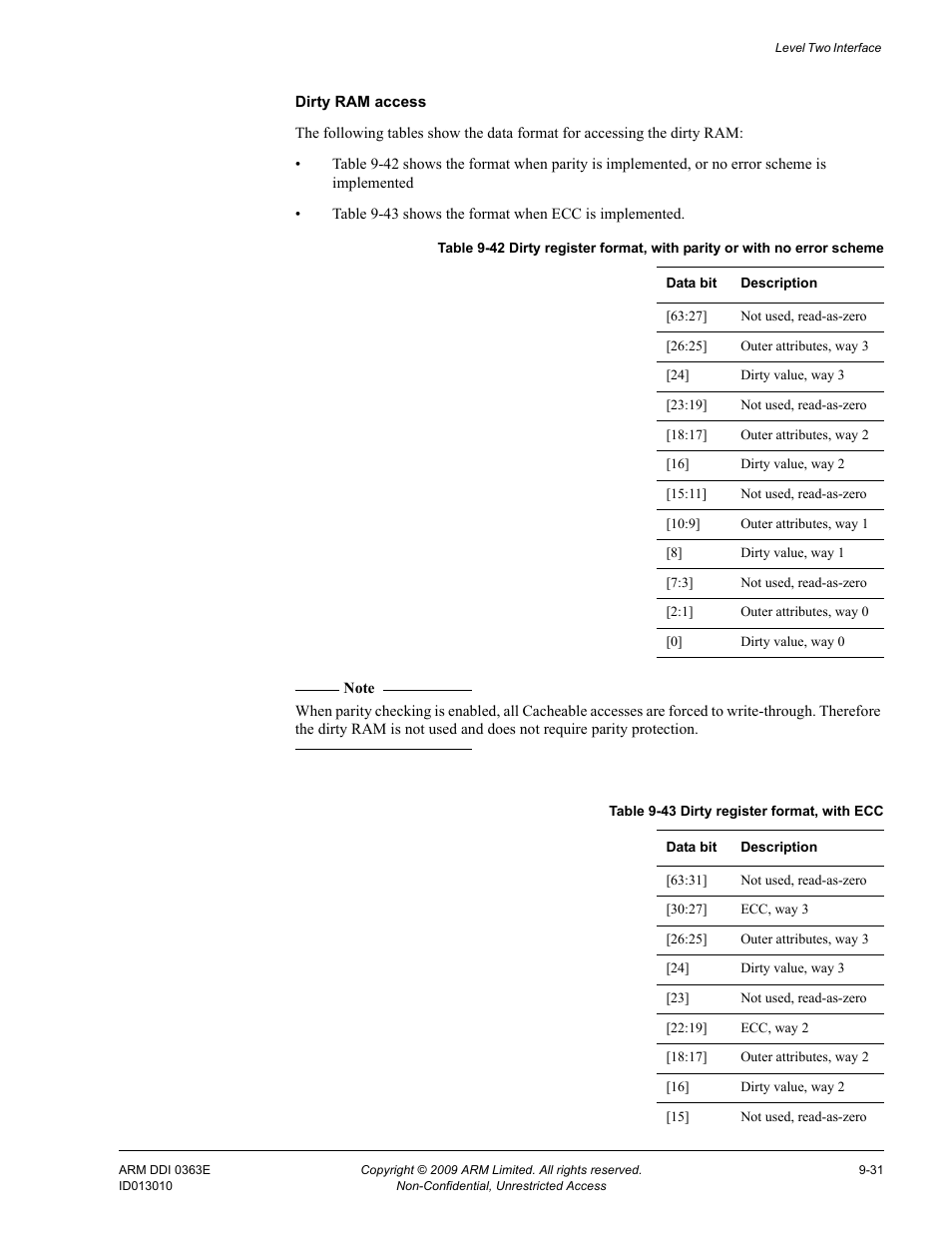 Table 9-42, Table 9-43, Dirty register format, with ecc -31 | ARM Cortex R4F User Manual | Page 264 / 456