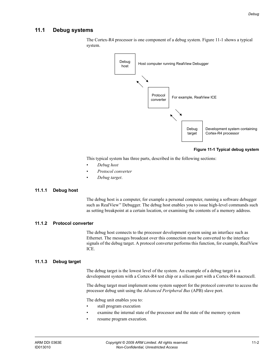 1 debug systems, 1 debug host, 2 protocol converter | 3 debug target, Debug systems -2, Figure 11-1, Typical debug system -2 | ARM Cortex R4F User Manual | Page 271 / 456