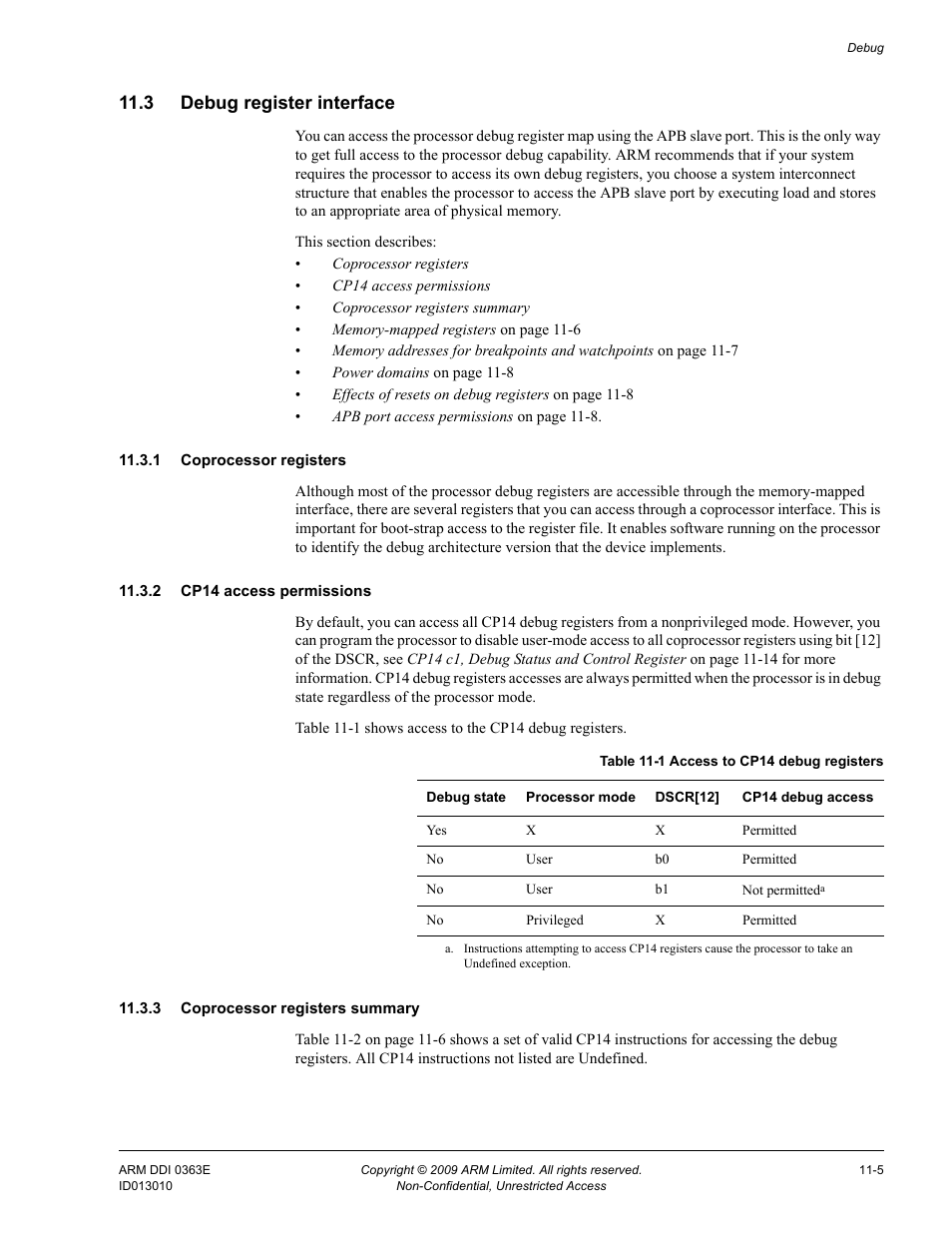 3 debug register interface, 1 coprocessor registers, 2 cp14 access permissions | 3 coprocessor registers summary, Debug register interface -5, Table 11-1, Access to cp14 debug registers -5 | ARM Cortex R4F User Manual | Page 274 / 456