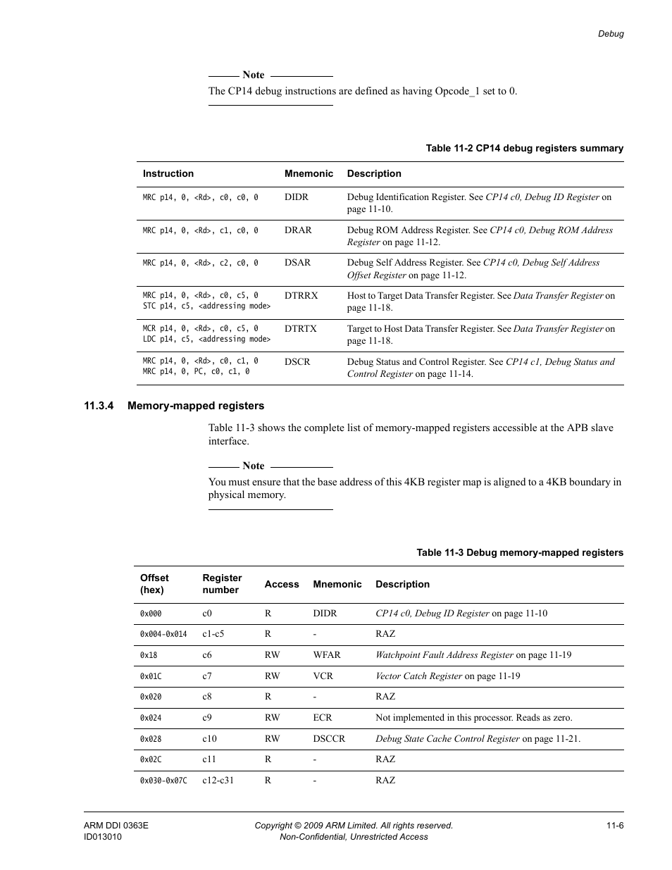 4 memory-mapped registers, Table 11-2, Cp14 debug registers summary -6 | Table 11-3, Debug memory-mapped registers -6 | ARM Cortex R4F User Manual | Page 275 / 456