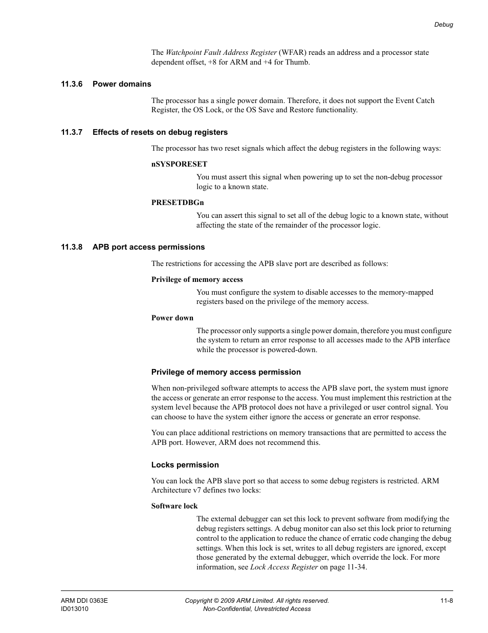 6 power domains, 7 effects of resets on debug registers, 8 apb port access permissions | ARM Cortex R4F User Manual | Page 277 / 456