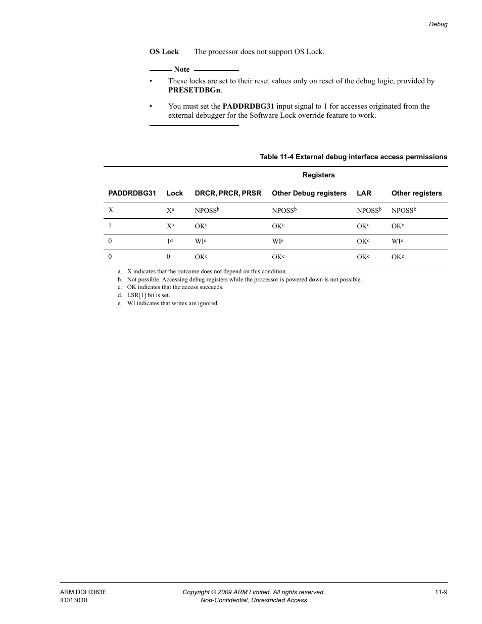 Table 11-4, External debug interface access permissions -9 | ARM Cortex R4F User Manual | Page 278 / 456