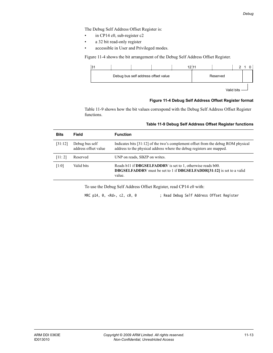 Table 11-9, Debug self address offset register functions -13, Figure 11-4 | Debug self address offset register format -13 | ARM Cortex R4F User Manual | Page 282 / 456