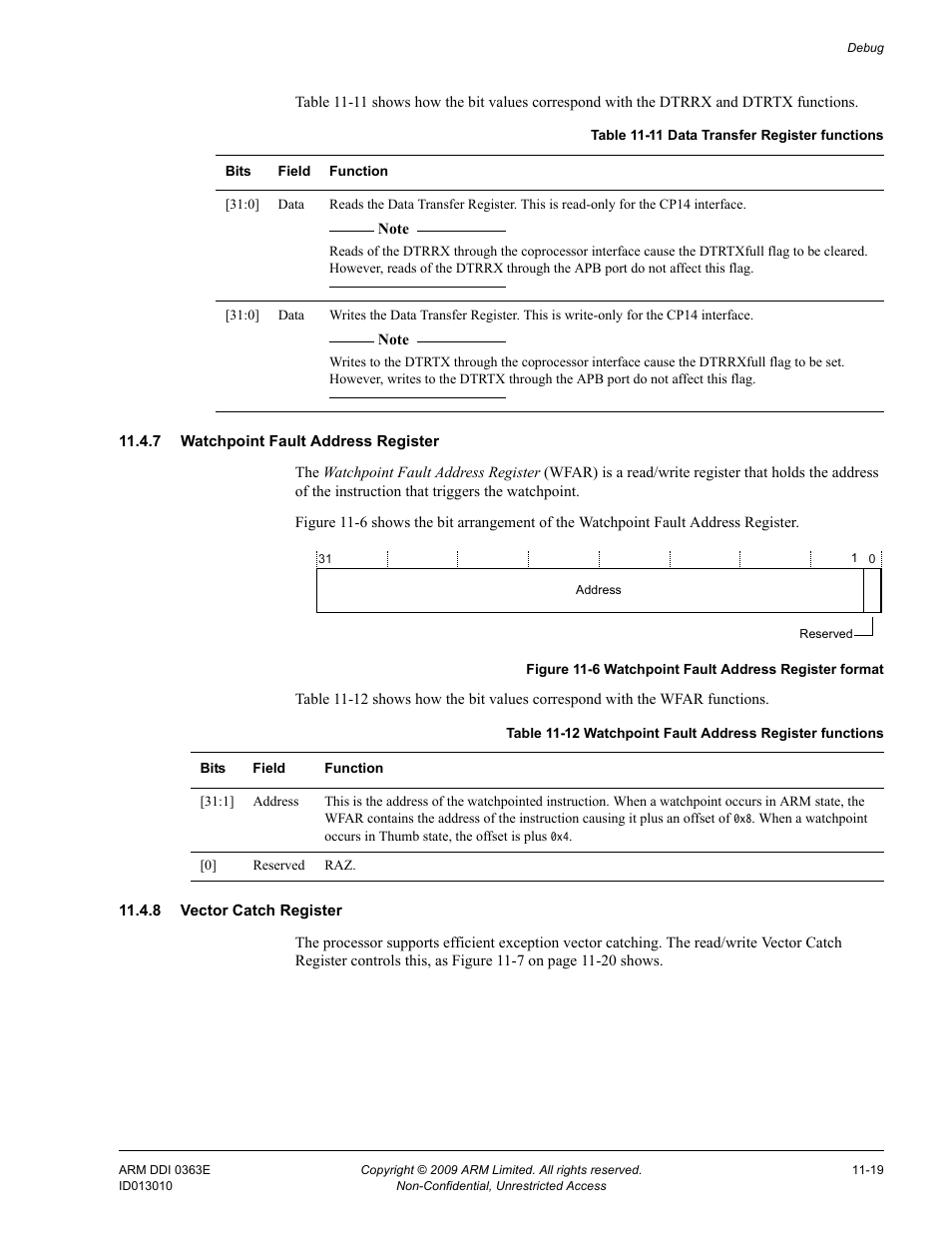 7 watchpoint fault address register, 8 vector catch register, Table 11-11 | Data transfer register functions -19, Table 11-12, Watchpoint fault address register functions -19, Figure 11-6, Watchpoint fault address register format -19 | ARM Cortex R4F User Manual | Page 288 / 456