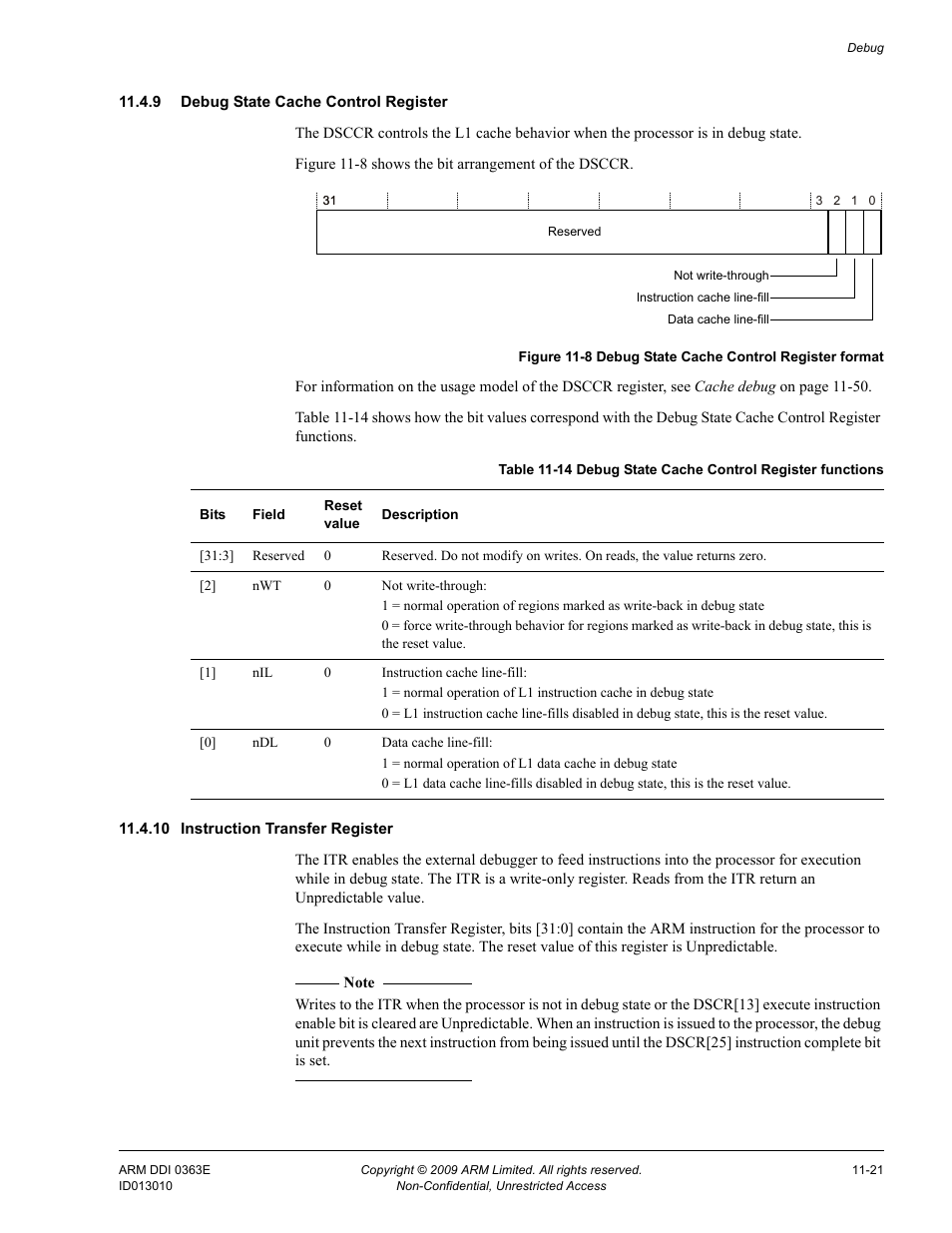 9 debug state cache control register, 10 instruction transfer register, Table 11-14 | Debug state cache control register functions -21, Figure 11-8, Debug state cache control register format -21 | ARM Cortex R4F User Manual | Page 290 / 456