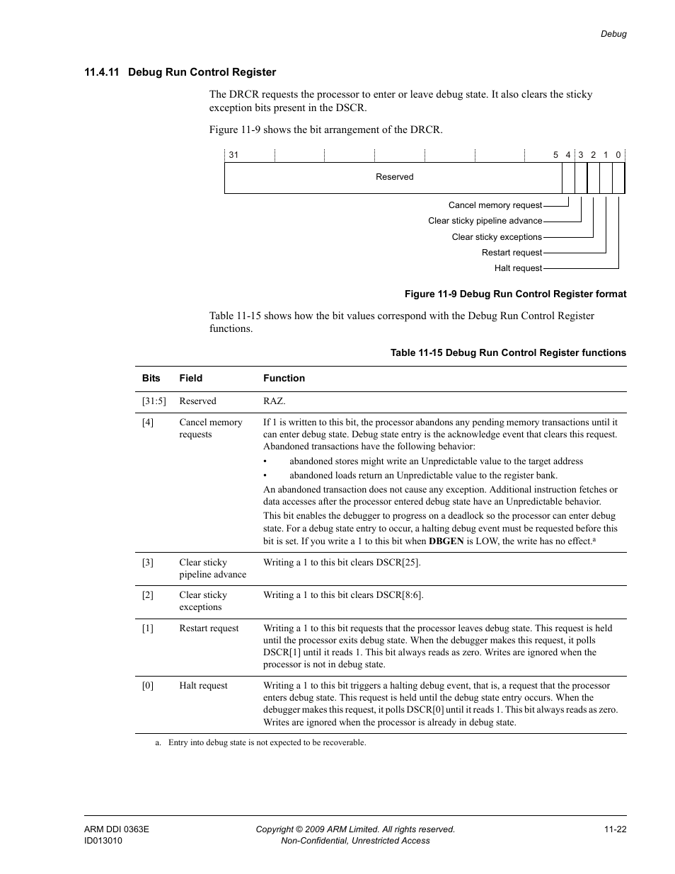 11 debug run control register, Table 11-15, Debug run control register functions -22 | Figure 11-9, Debug run control register format -22 | ARM Cortex R4F User Manual | Page 291 / 456