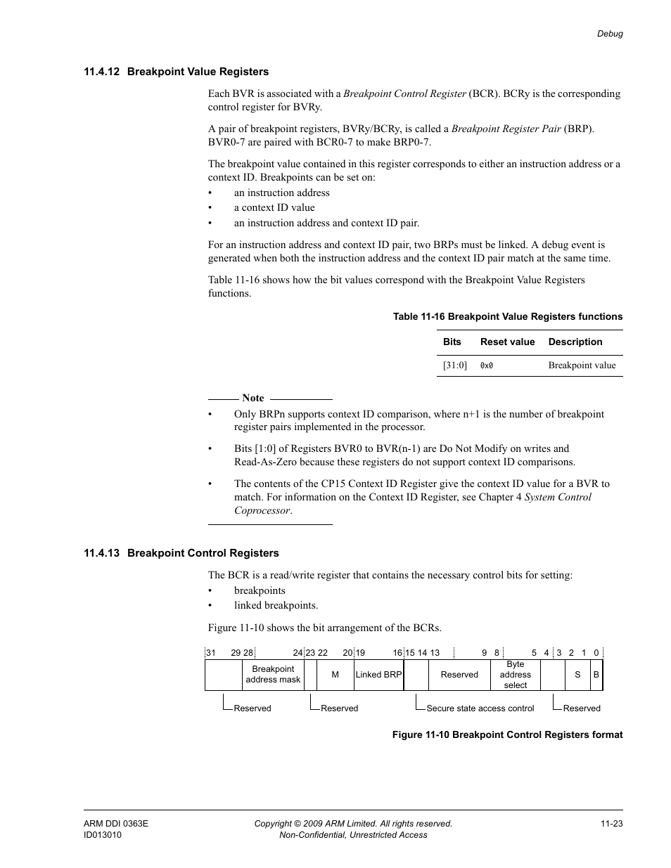 12 breakpoint value registers, 13 breakpoint control registers, Table 11-16 | Breakpoint value registers functions -23, Figure 11-10, Breakpoint control registers format -23 | ARM Cortex R4F User Manual | Page 292 / 456