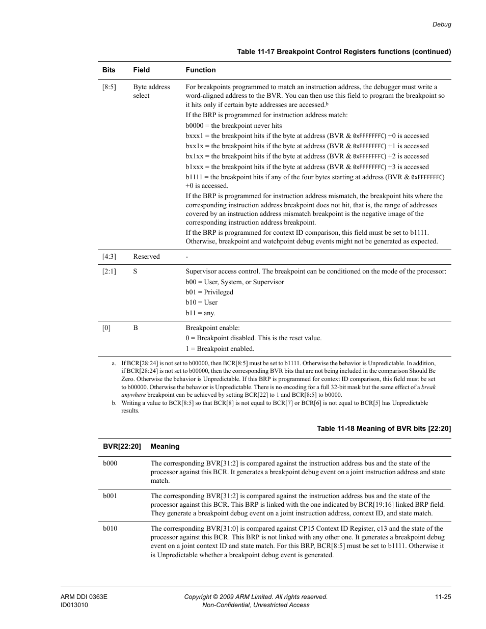 Table 11-18, Meaning of bvr bits [22:20] -25 | ARM Cortex R4F User Manual | Page 294 / 456