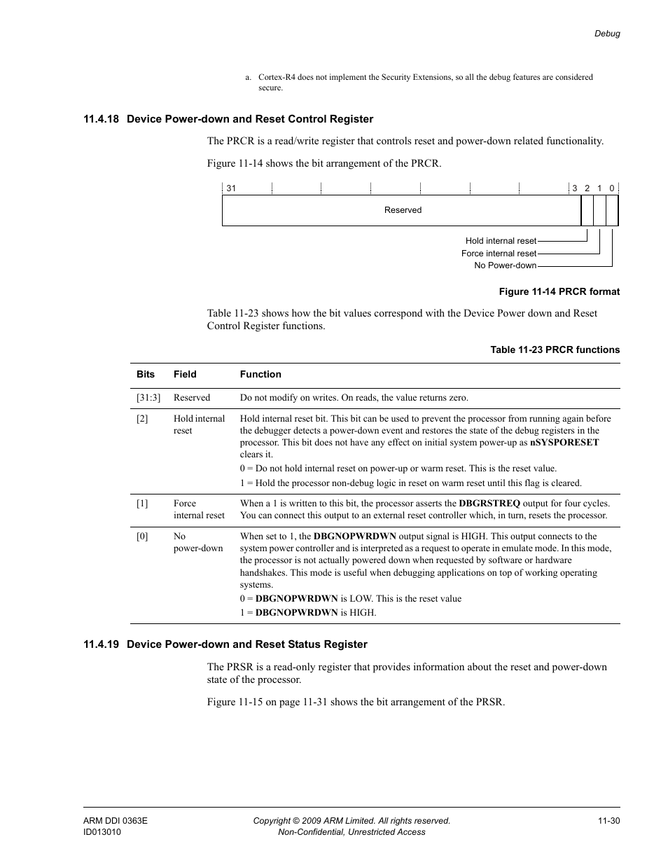 18 device power-down and reset control register, 19 device power-down and reset status register, Table 11-23 | Prcr functions -30, Figure 11-14, Prcr format -30 | ARM Cortex R4F User Manual | Page 299 / 456